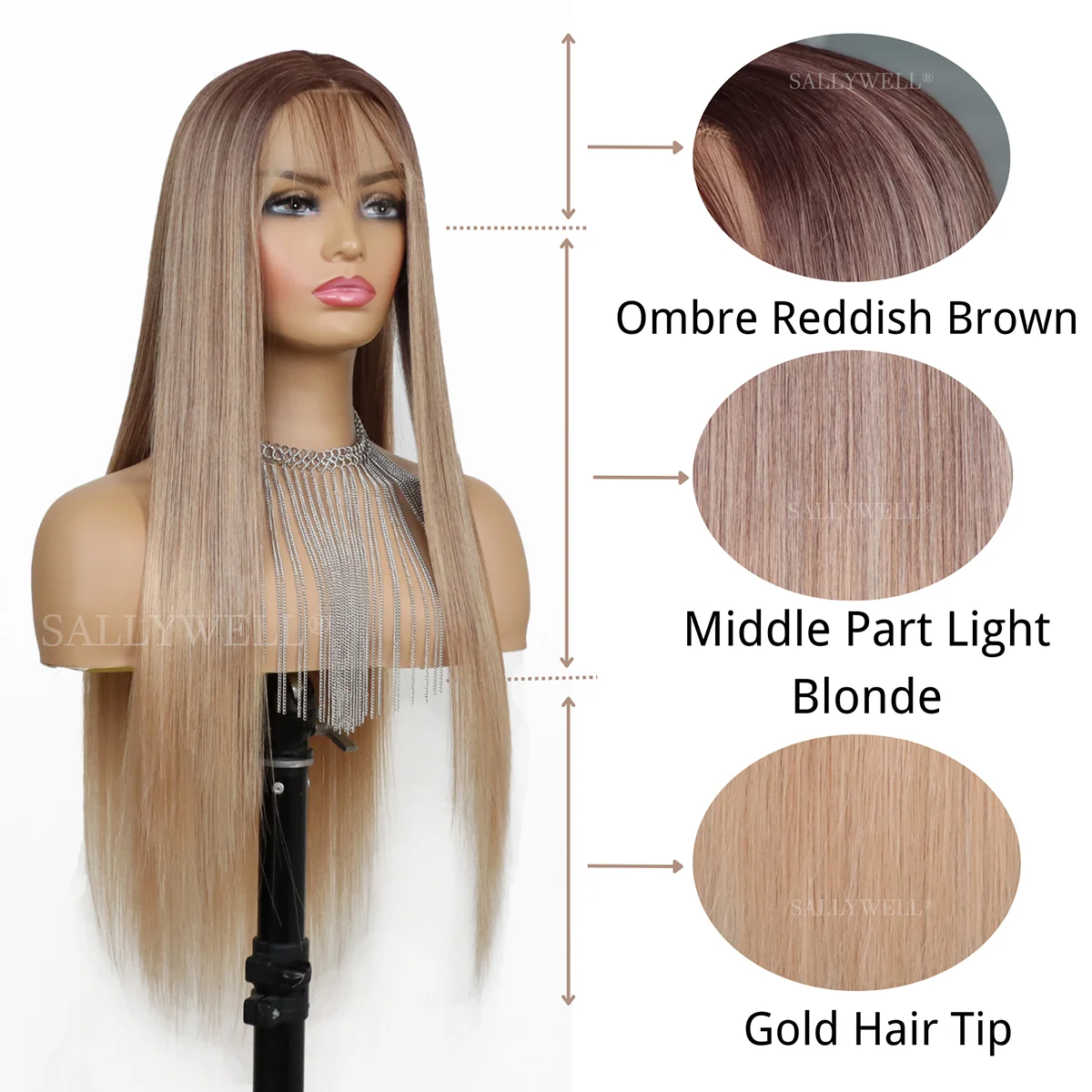 Ombre Brown Blonde 13x4 Lace Front Synthetic Wig Glueless Long Straight 3 Tone Colored Lace Front Wig for Women Heat Resistant