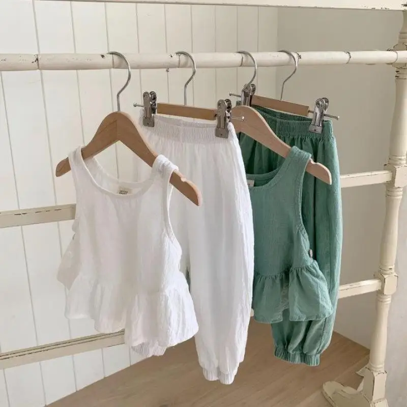 

Children Sleeveless Clothes Set Summer New Baby Girl Thin Vest + Casual Pants 2pcs Suit Kids Girls Solid Breathable Outfits