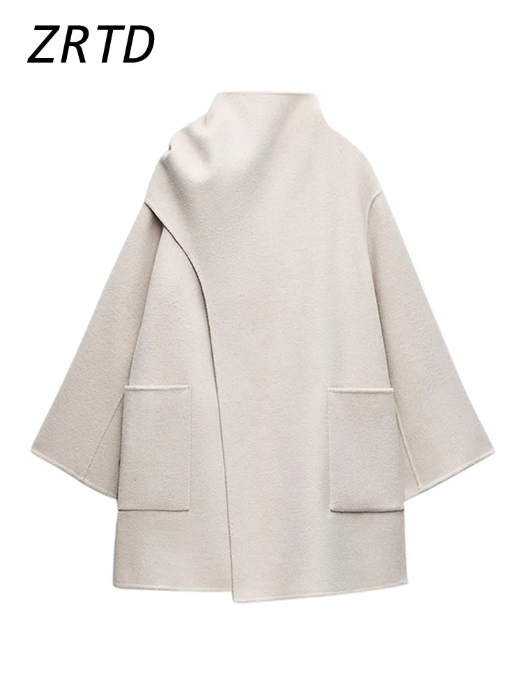Fashion Women's Scarf Collar Woolen Overcoat Elegant Pockets Long Sleeve Female Coats 2024 Autumn Winter Lady Loose Streetwear 6
