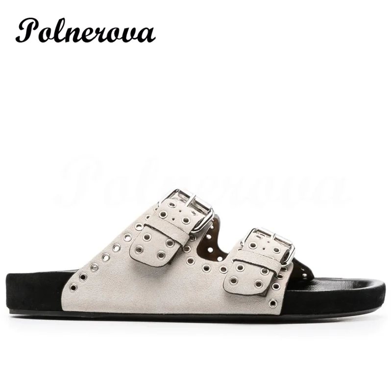 Leather Flat Comfortable Slippers for Women Fashion Rivet Outerwear Beach Shoes Ladies Casual Flip Flop Ladies Casual Beach Shoe