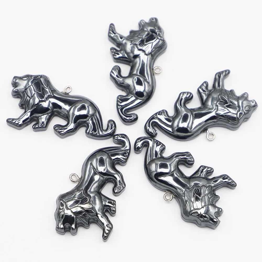 Nature Stone Hematite Carve Lion Pendant Hip Hop Punk Bead  Charms Metal Necklace DIY Making Jewelry Accessories Wholesale 12Pcs