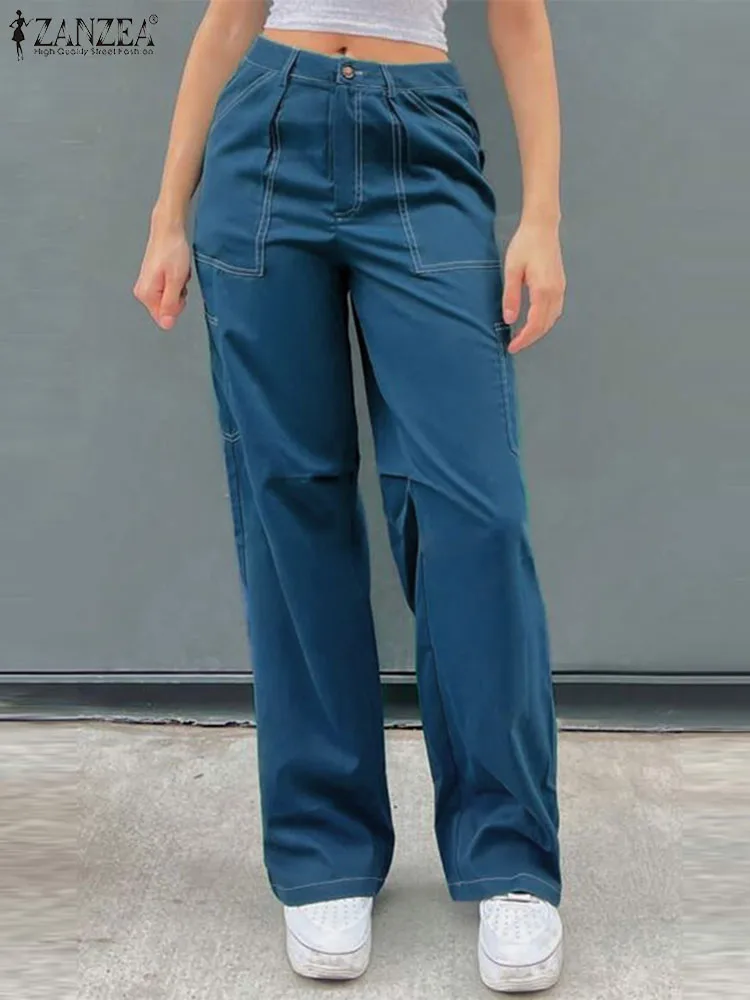 

ZANZEA Women Denim Pants Korean Fashion Wide Leg Trouser 2024 Spring Pocket Cargo Pantalon Casual Mid-Waist Long Pant Streetwear