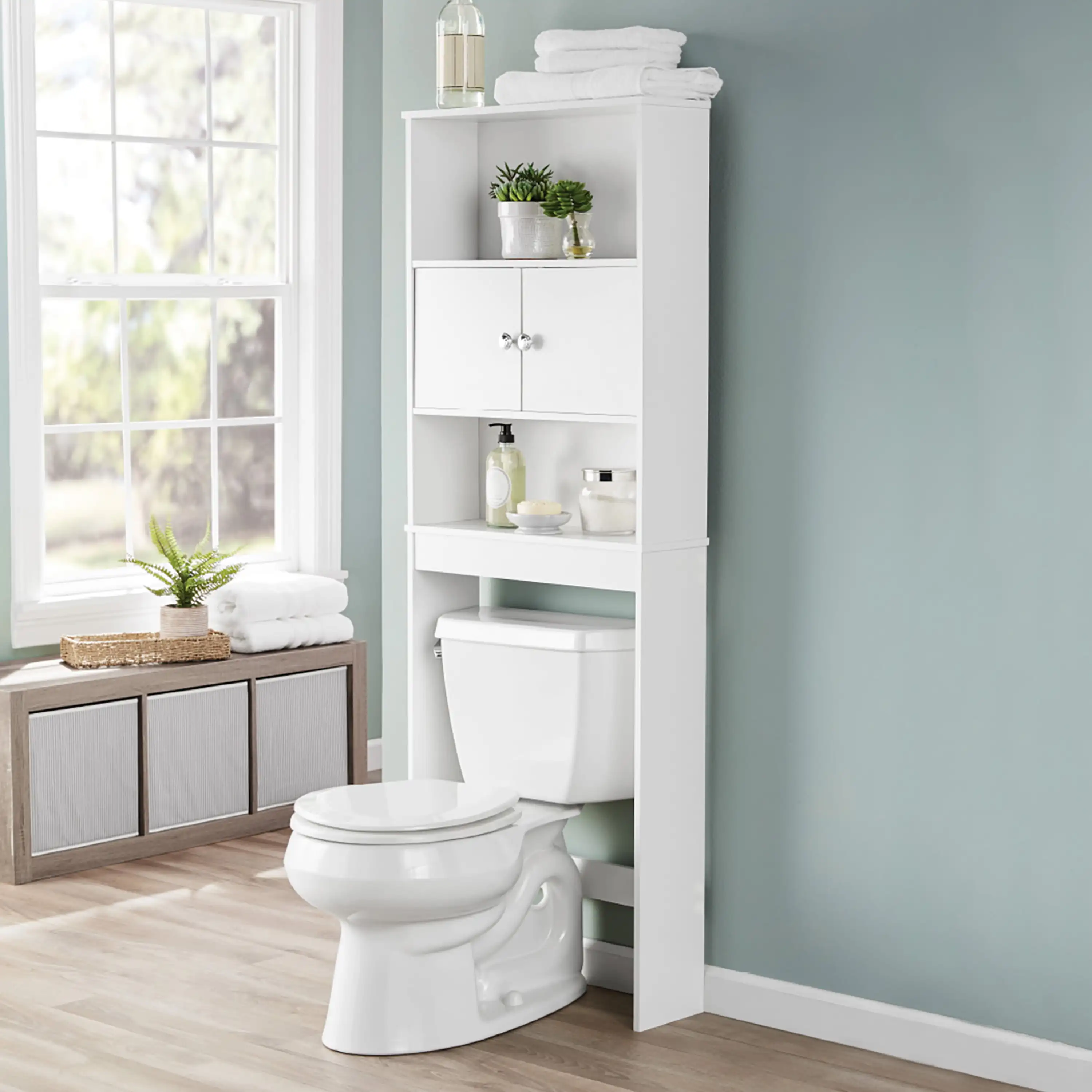 

Wooden Over The Toilet Bathroom Storage, White 23 In. W Space Saver Bathroom Cabinet with 3 Fixed Shelves Toilet Storage