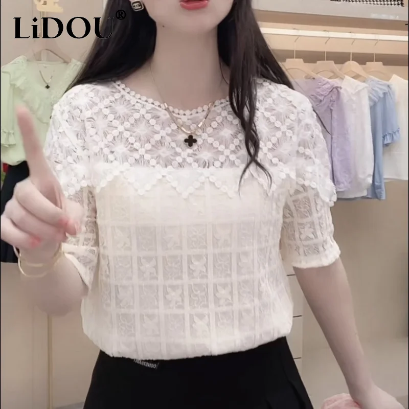 

2023 New Spring Summer Short Sleeve O Neck Pullover Hollow Out Solid Color Loose Ruffles Korean Style Office T-shirts for Women