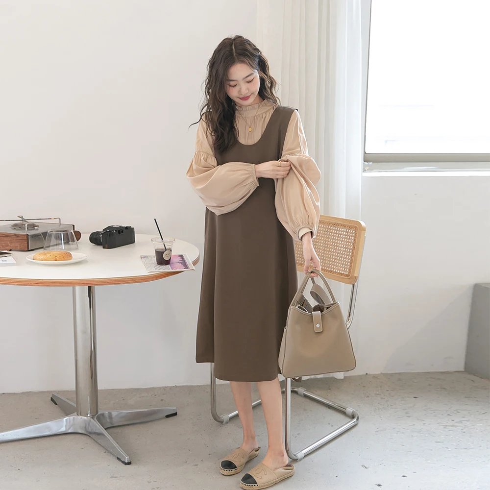 Autumn Pregnant Women Dress Long Lantern Sleeve Loose Maternity Korean Style Block Color Patchwork Faux Two Pieces Dresses