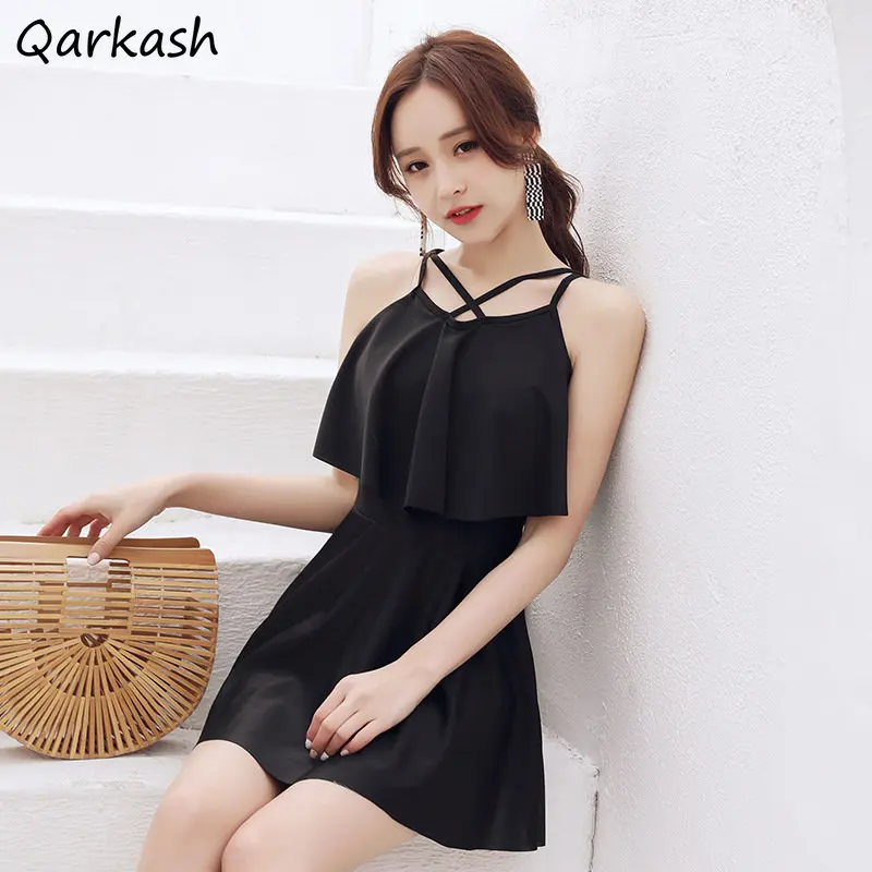M-3XL 커버업 여성 블랙 A 라인 미니멀리스트 학생 하이웨이스트 퓨어 수영복, 비치 스타일, 한국 패션 의류, 휴일 IN..