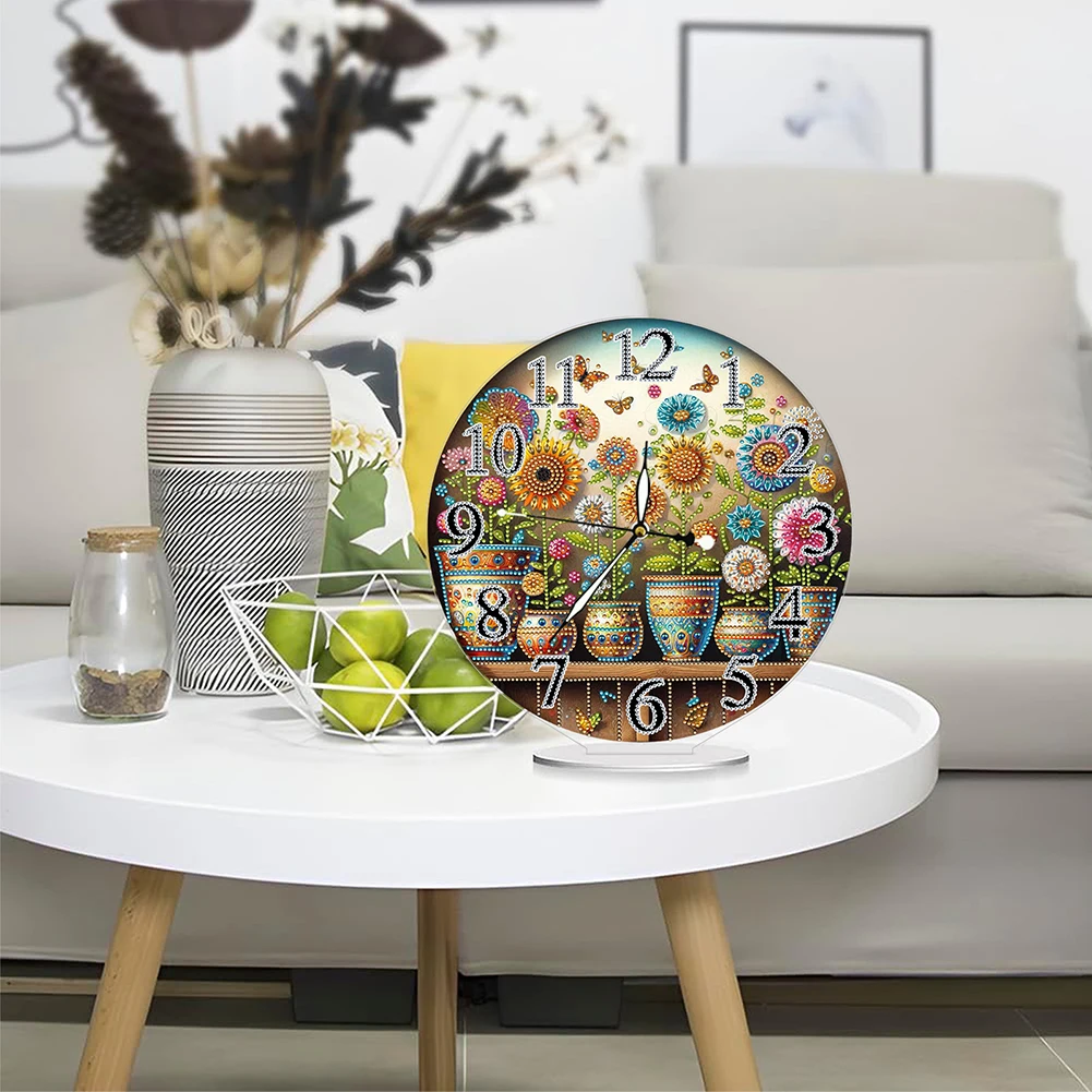 Potted Plant 2D Flat Acrylic DIY Diamond Painting Clock Kit 5D Diamond Art Clock