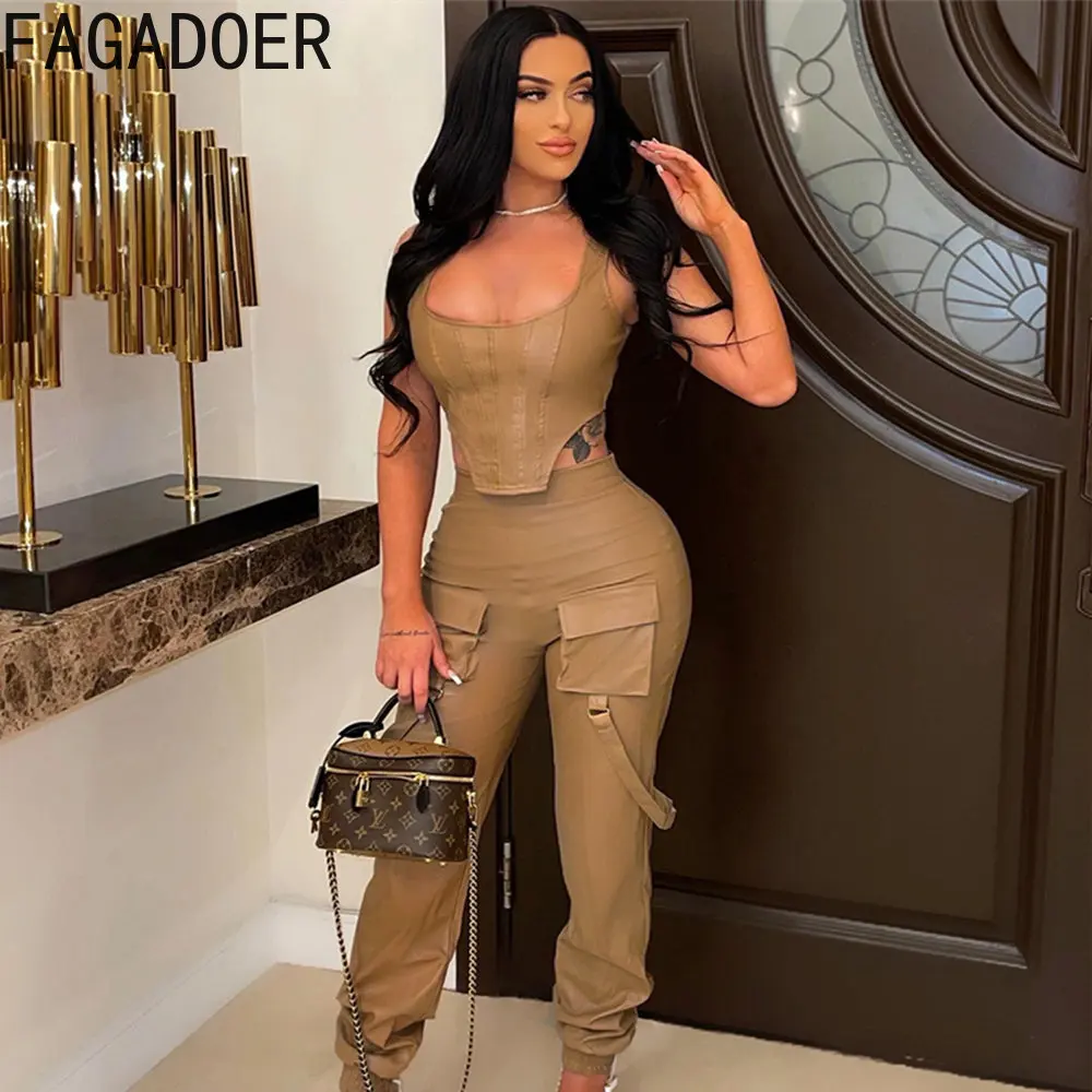 FAGADOER Fashion PU Leather Two Piece Sets Fall Women Outfits Casual Sleeveless Irregular Crop Top And Pocket Pants 2pcs Suits