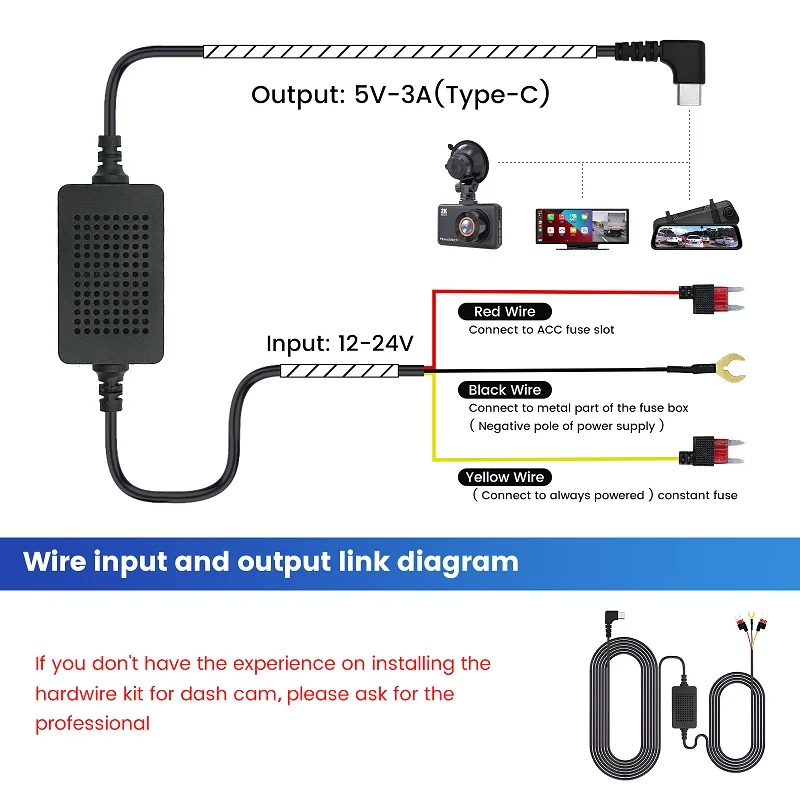 3A 3,5 m Auto Dash Cam DVR 12-24 v Hardwire Kabel Kit Step-Down Linie Mini/Micro/Typ-C USB Schnittstelle Ladegerät Dashcam Kamera – Detail 4
