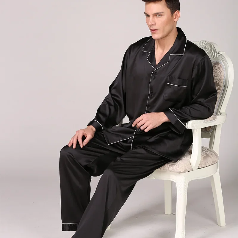 Ice Silk Pajamas Men's Long-sleeved Solid Color Suit Men's Loungewear 100kg-150KG 5XL