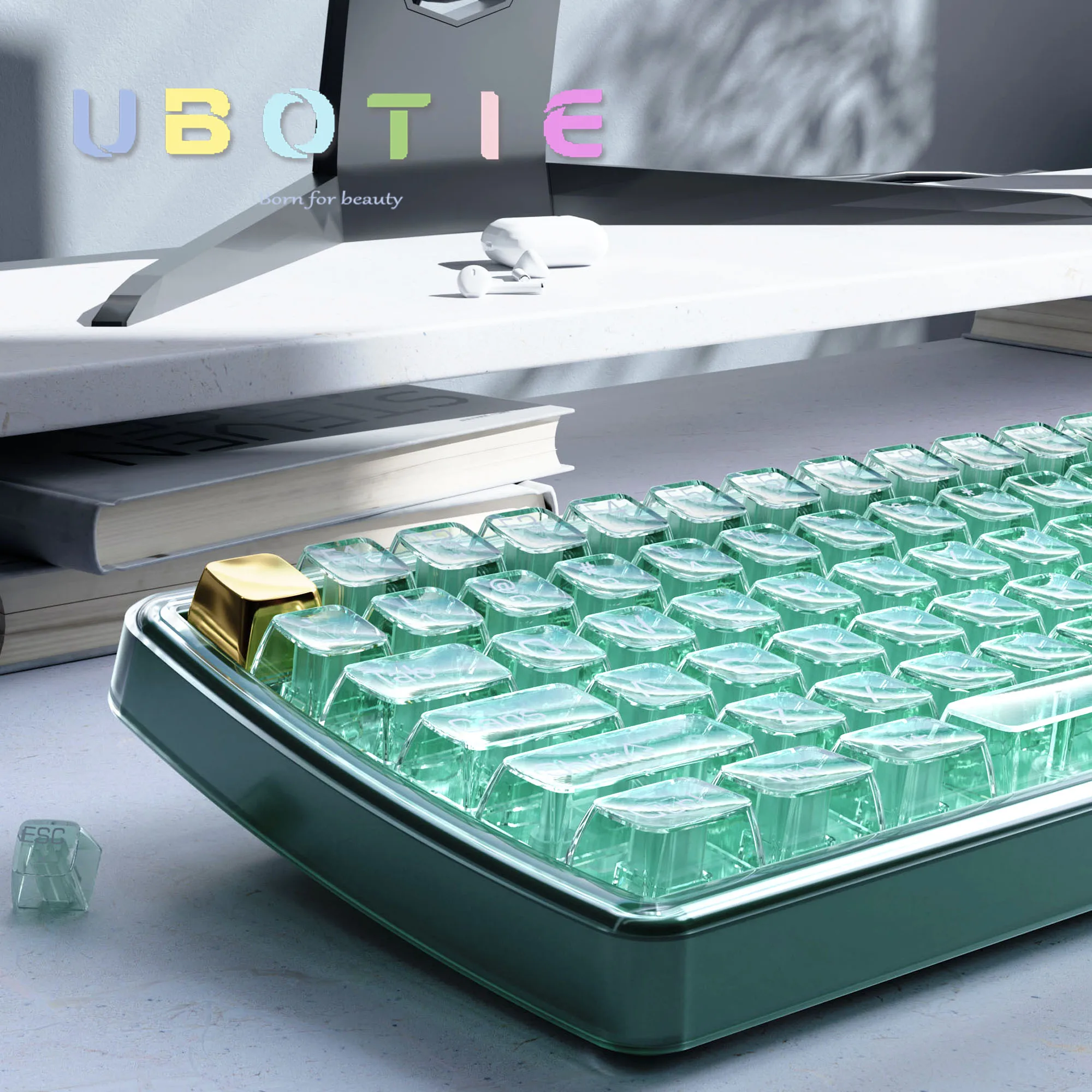 

UBOTIE Transparent Wireless Keyboard and Mouse Combo with Number Pad Green Keyboard Mouse Set Full Size Typewriter for Laptop