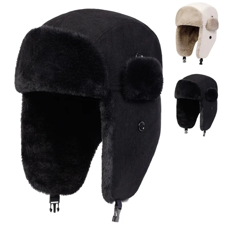Unisex Corduroy Hat Winter Earflap Hat Keep Warm Ski Bomber for Outdoor Riding Snow Activities