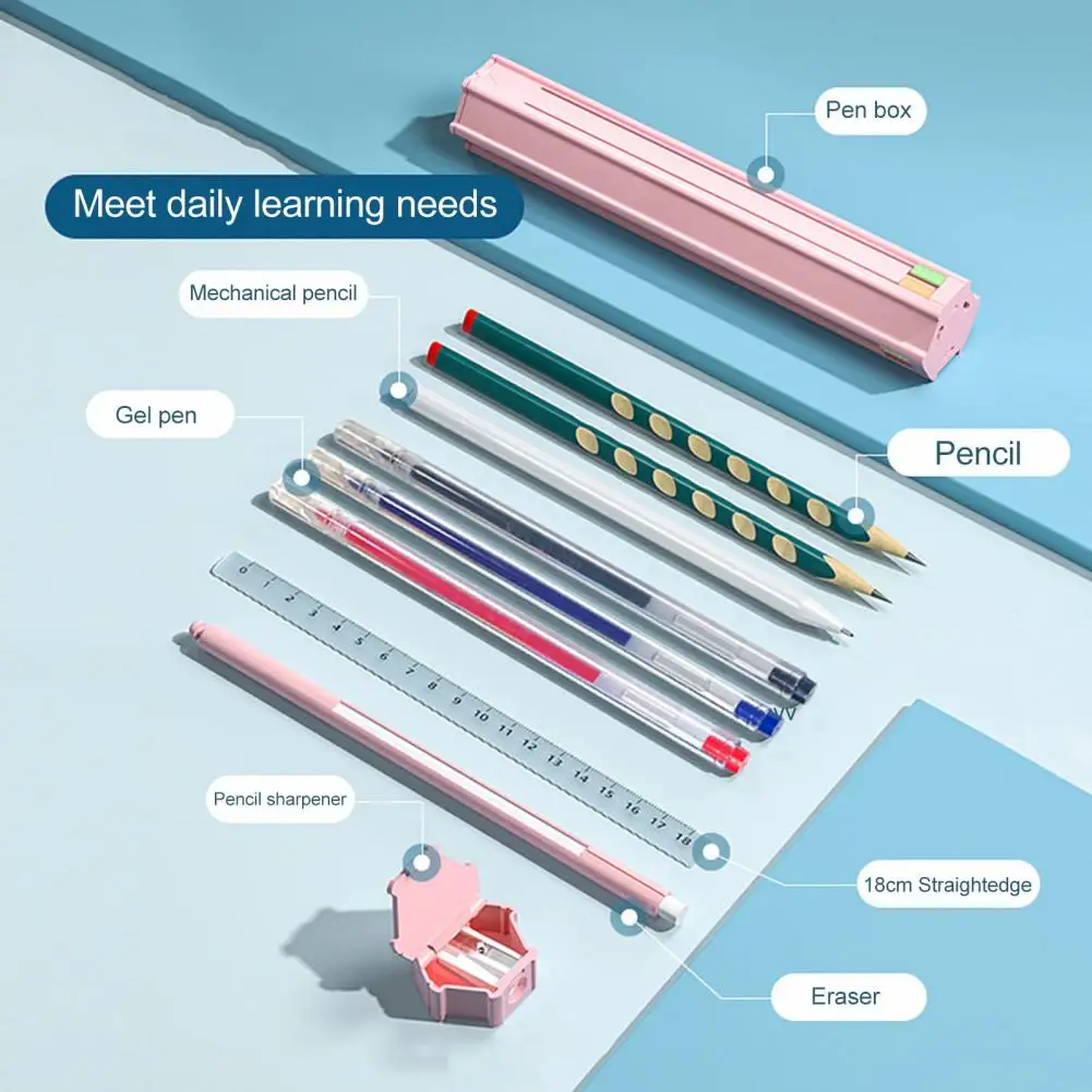 1Set Pen Box with 6 Pencils 1 Eraser 1 Ruler Sharpener Hexagon Children Pencil Holder Case Container School Supplies Gifts