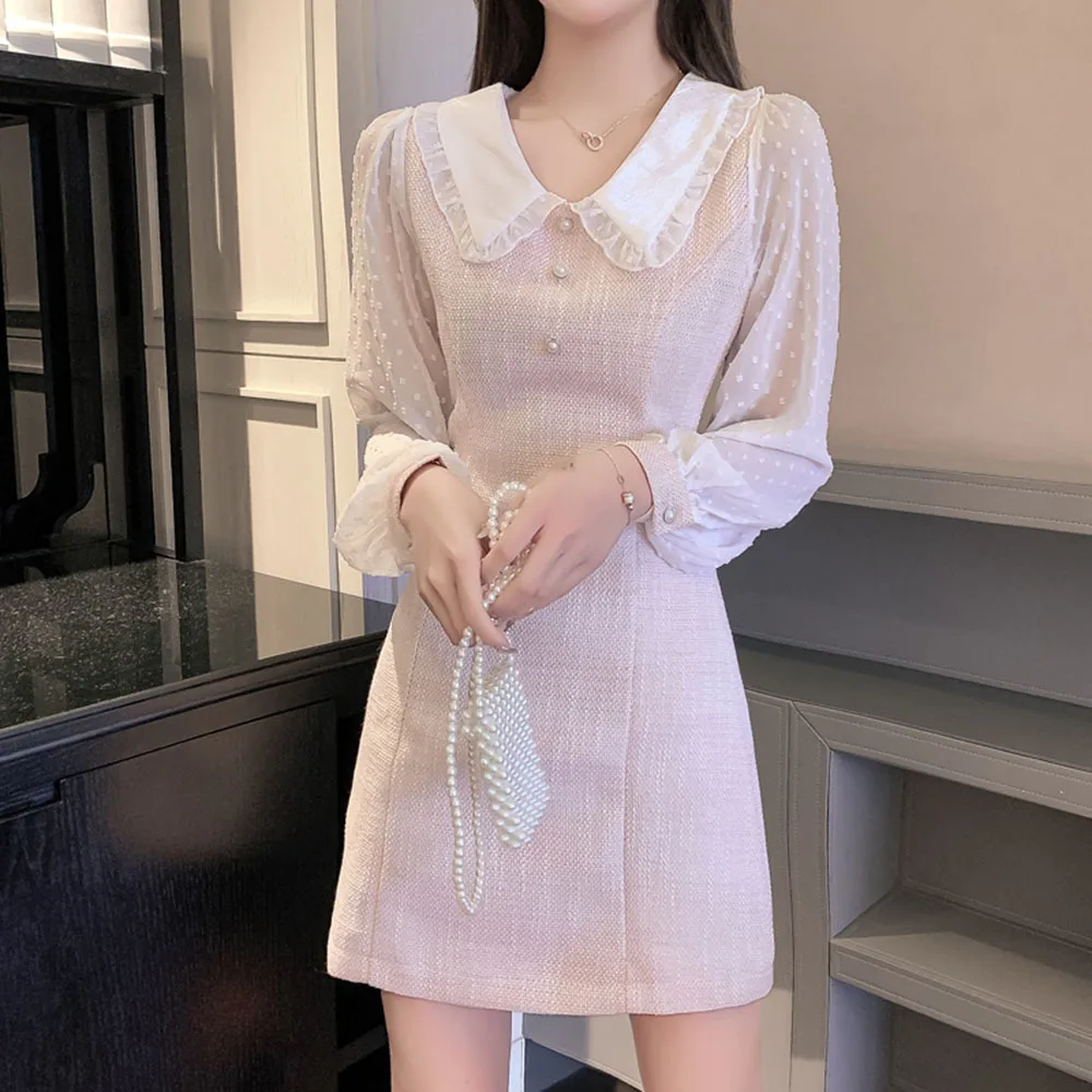 

Fashion Sweet Pink Dress Women's Long Sleeve Tweed Mesh Long Sleeve Dresses Autumn Winter Polka Dot Pearl Office Work Vesitdos