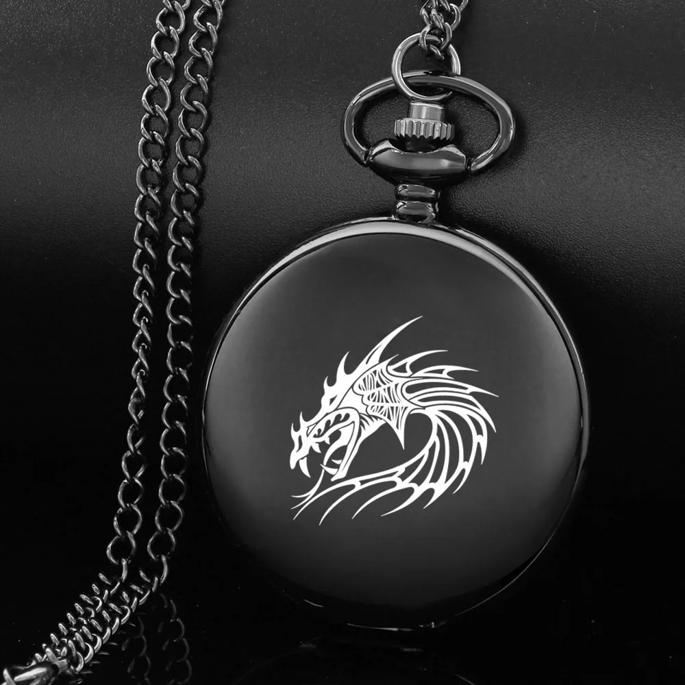 

The dragon design carving english alphabet face pocket watch a chain Black quartz watch perfect gift for boys