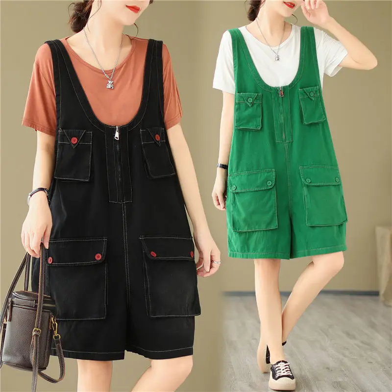 

Черные свободные облегающие джинсовые брюки для женщин, лето 2023, тонкий комбинезон-трапеция с широкими штанинами, шорты, корейский джинсовый комбинезон c020