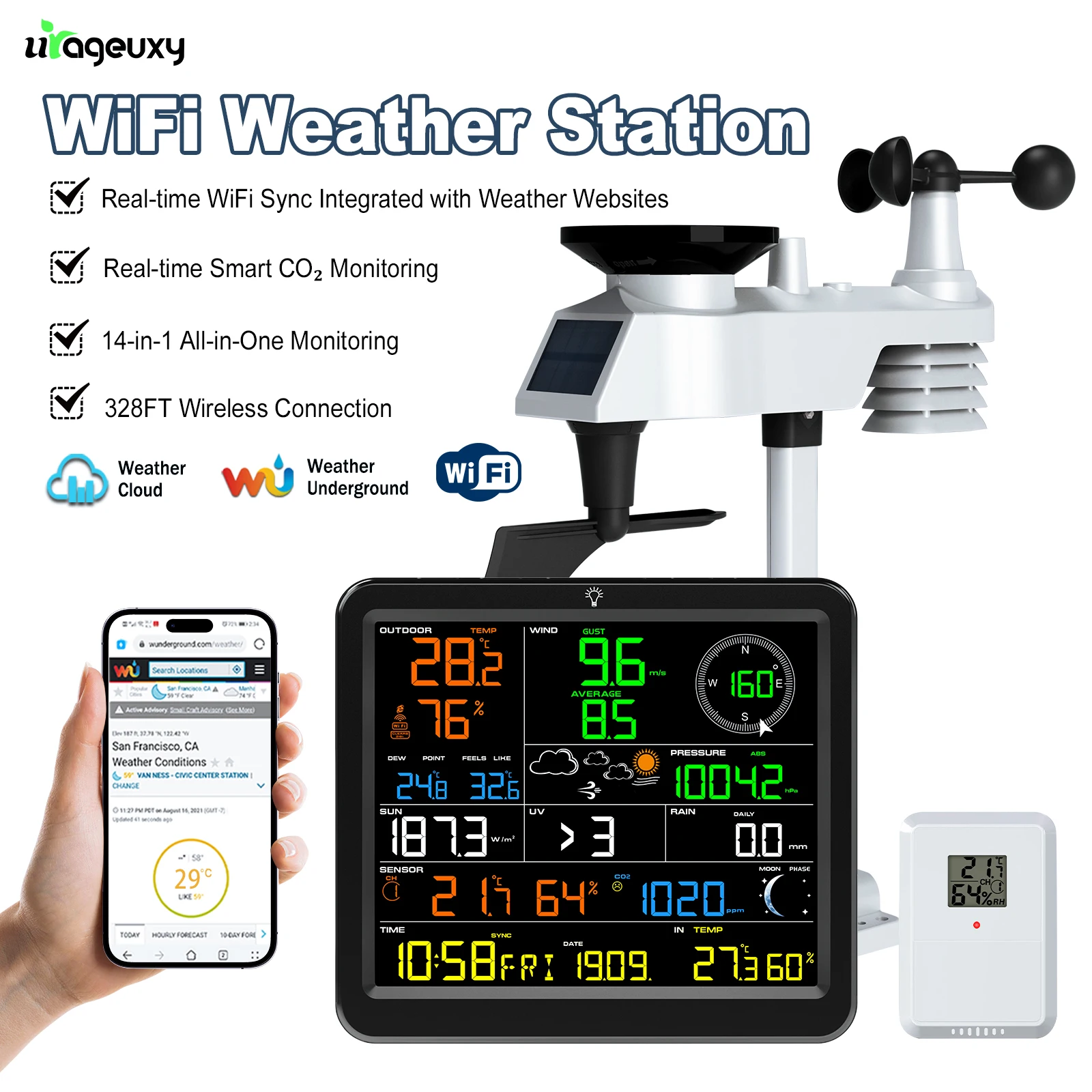태양광 WiFi 기상 관측소 14-in-1 무선 기상 모니터 실시간 CO2 감지 32..