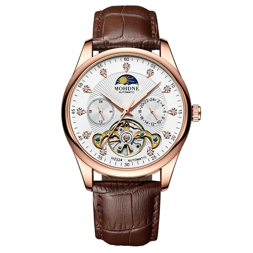 

Luxury Round Diamond Hollowed Out Solid Multifunctional Waterproof Watch Leather Strap Fashionable Wrist Watches for Men