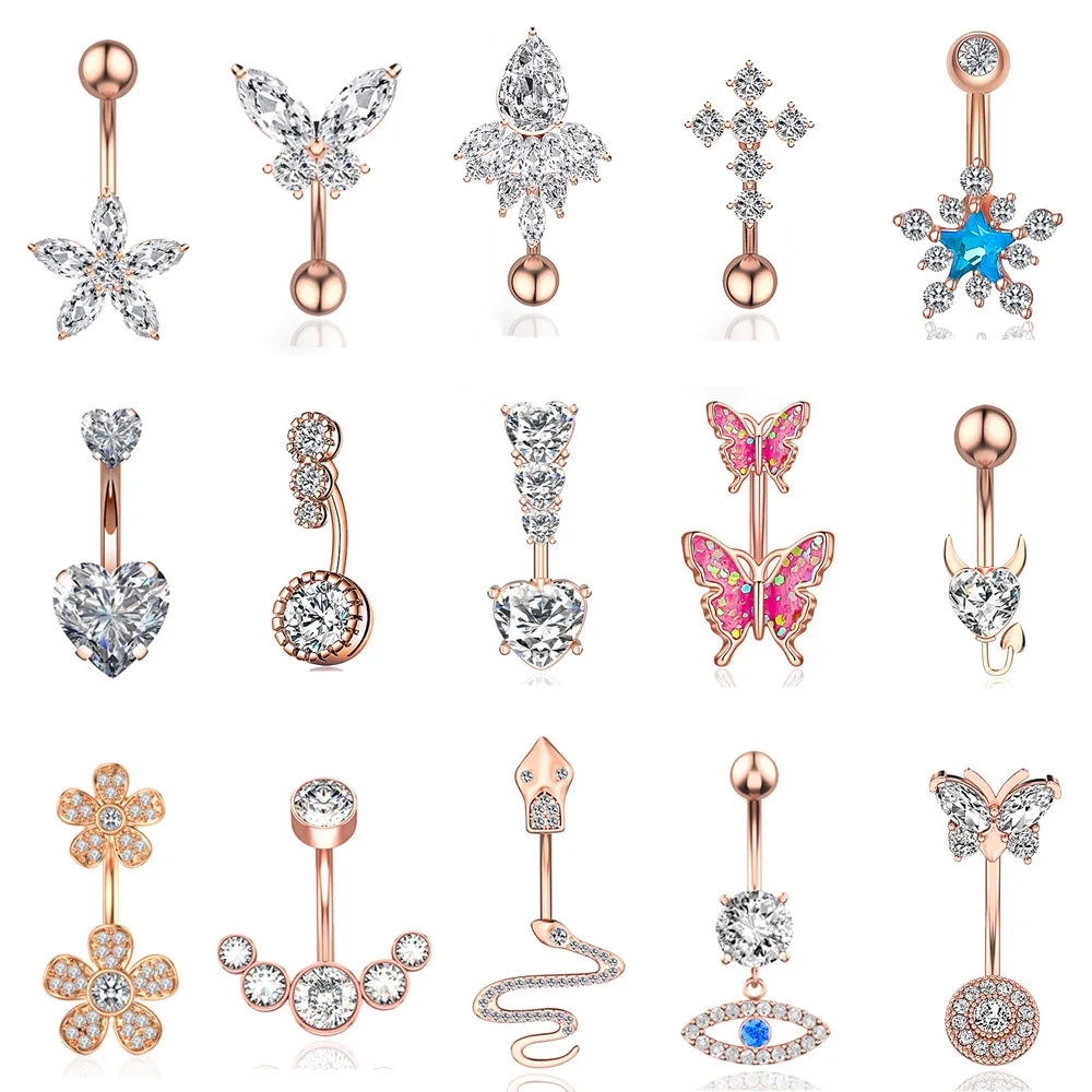 5 Crystals Reversed Bar CZ Belly Button Rings for Women Girls Surgical