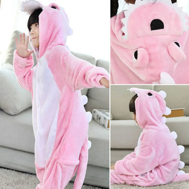 Thickened Warm Winter Children Dinosaur One-Piece Pajamas Flannel Cartoon Anime Sleepwear