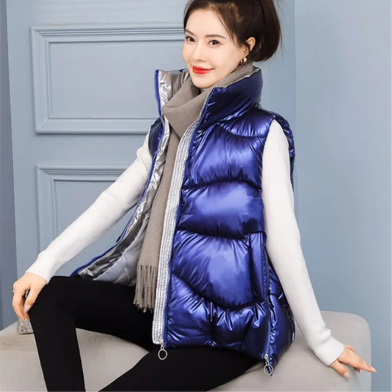 2021 Autumn Winter Down Cotton Women's Slim Vest Korean Bright Fabric Girl's Outdoor Warm Coat Student Leisure Gray long puffer jacket Coats & Jackets
