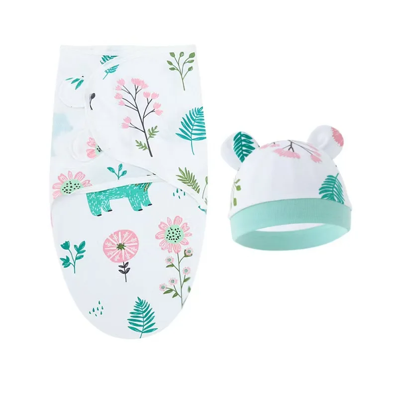 Description Picture 3 of itemBaby Blanket Hat Set Cartoon Printed Cotton Newborn Swaddle Adjustable Infant Sleeping Swaddle Wraps All Seasons 0-6 Months