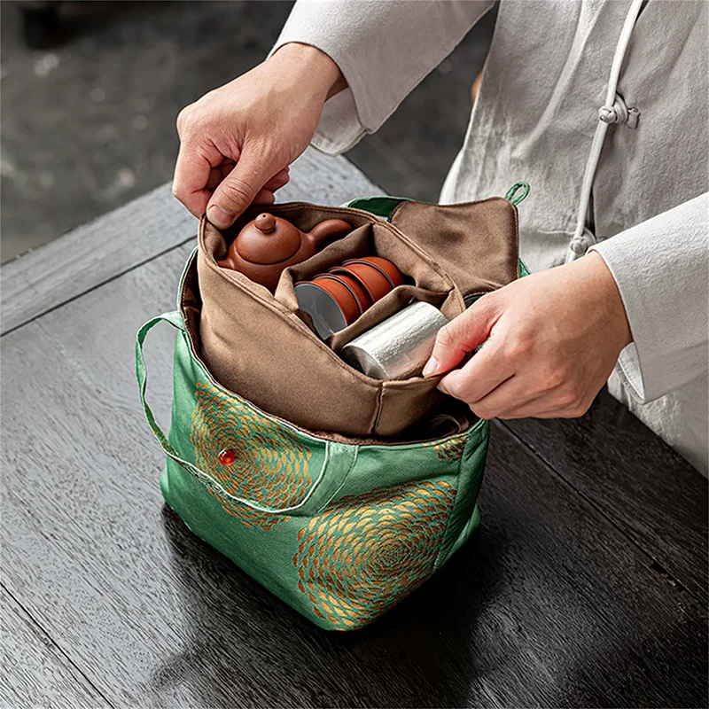 Brocade Travel Tea Set Bag,Portable Japanese Style Quick Tea Cup Organizer , Multi-functional Tea Set Carry Bag