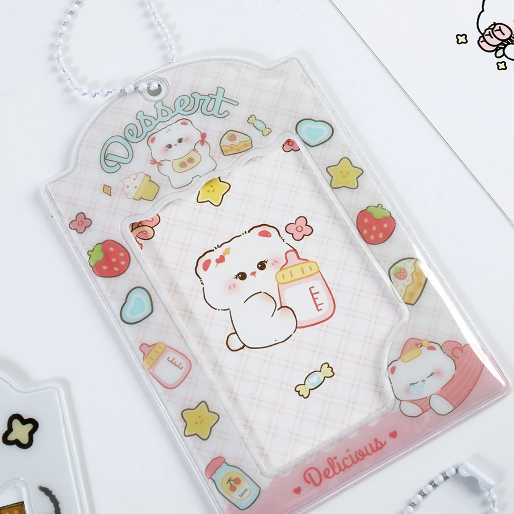 Idol Photo Sleeves Cartoon Photocards Protector 3-inch Photo Frame INS Cute Photo Pocket Key Ring Dog Cat Print Goo Card Holder