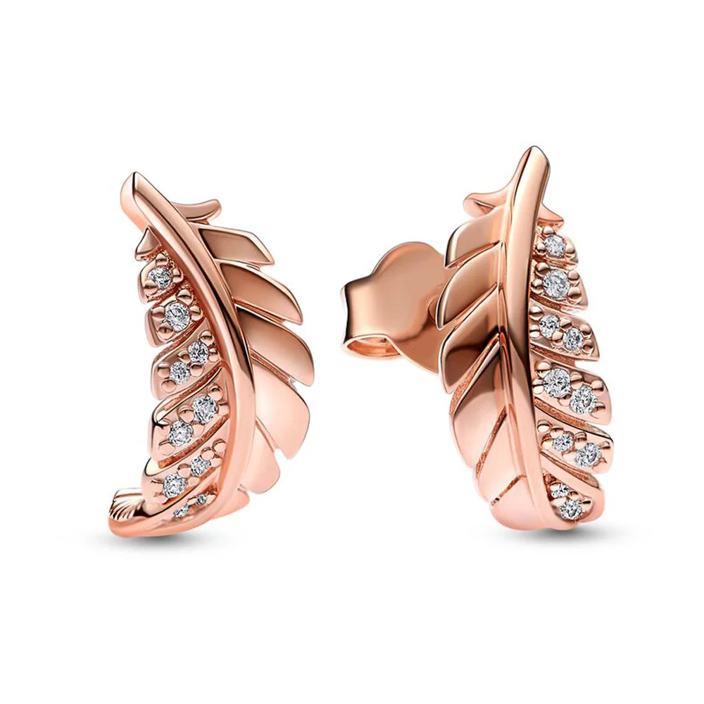 

Authentic 925 Sterling Silver Rose Gold Floating Curved Feather Fashion Stud Earrings For Women Gift DIY Jewelry