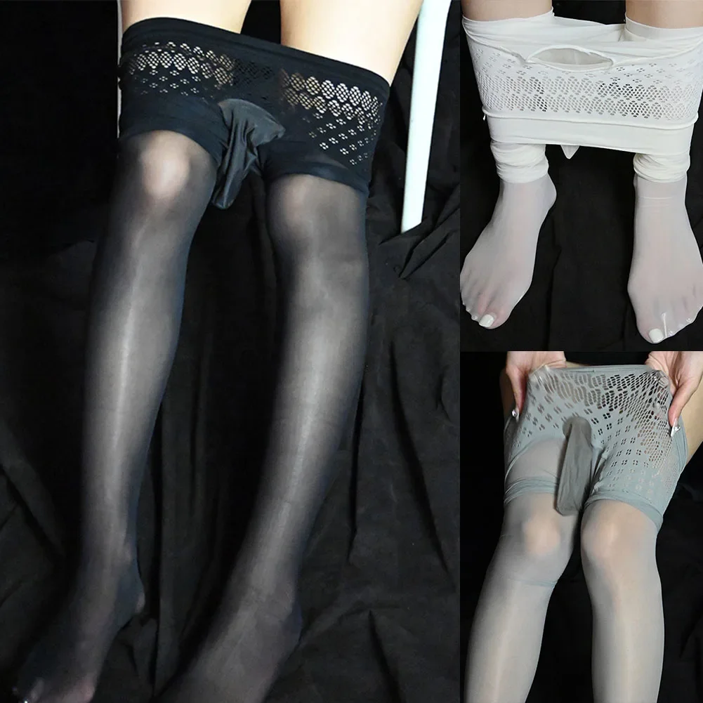 Sexy Men Sissy Pantyhose Close Sheath Fishnet Stockings Sheer Mesh Transparent Underwear Hollow Out Tights Pants Gay Erotic Wear
