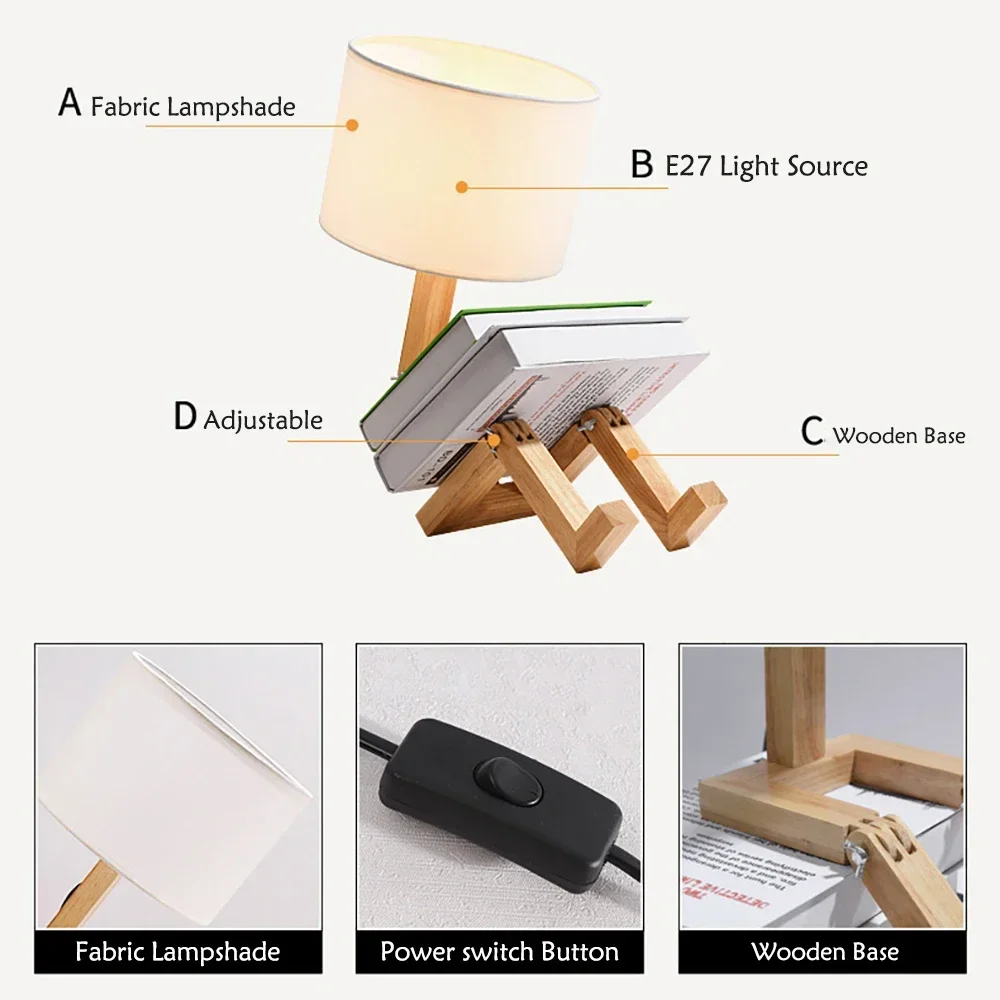 창의적인 테이블 램프 나무 로봇 모양 LED 북유럽 아트 책상 조명, 눈 보호 독서 및 침실 책상 야간 조명, 홈 장식