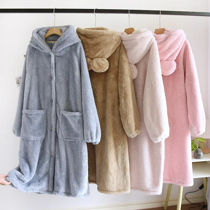 

QSROCIO Women's Pajamas Robe Warm Thick Flannel Solid Sleepwear Casual Homewear Cute Hoodie Top Nightwear Femme New for Winter