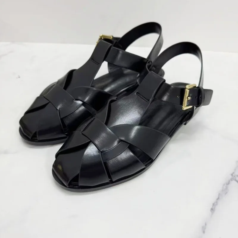 Brown Gladiator For Women 2026 New Summer Retro Woven Closed Toe Flat Sandals Comfort Buckle Strap Shoes_vogvips.com