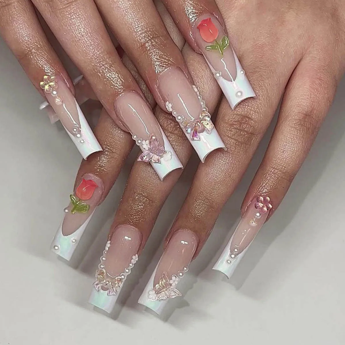 24pcs Detachable XL Ballerina flower artificial nails with designs Full Cover French fake nails set press on diamond false nails