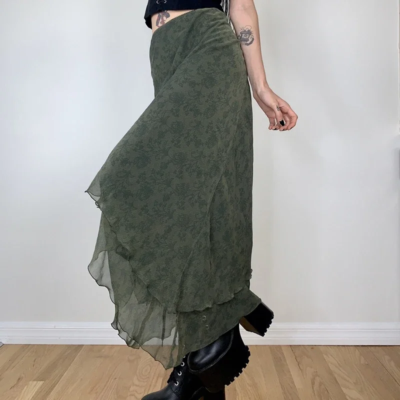 

2024 Women Elegant Floral Print Midi Skirt Summer High Waist Irregular Hem Ruffled Retro Skirt y2k Fairycore Grunge Streetwear