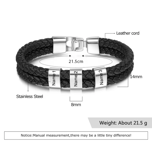 JewelOra Personalized Engraved Family Name Beads Bracelets Black Braided Leather Stainless Steel Bracelets for Men Fathers 2