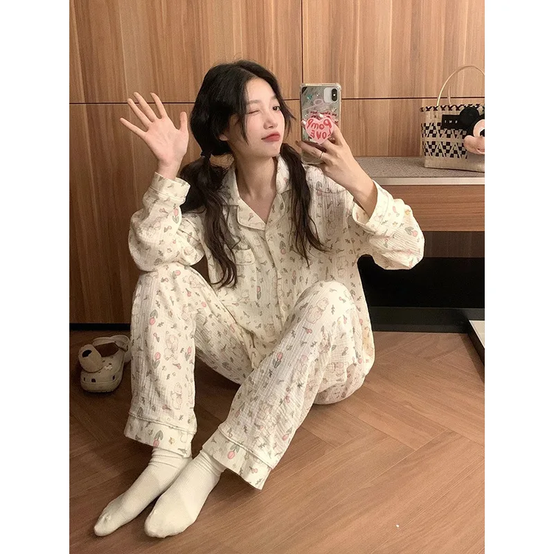 Cute Student Style Cardigan Long Sleeve Women's Pajamas Set Spring 2024 New Premium Sweet Bunny Loungewear