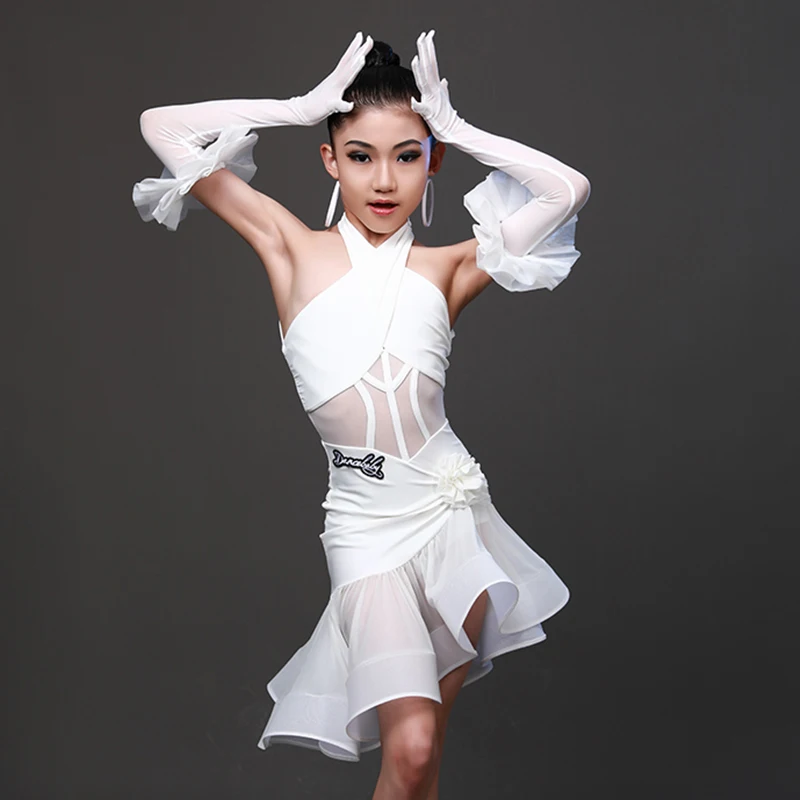 

2023 New Latin Dance Competition Dress For Girls White Outfit Rumba Cha Cha Ballroom Dance Costume Kids Latin Dance Dress