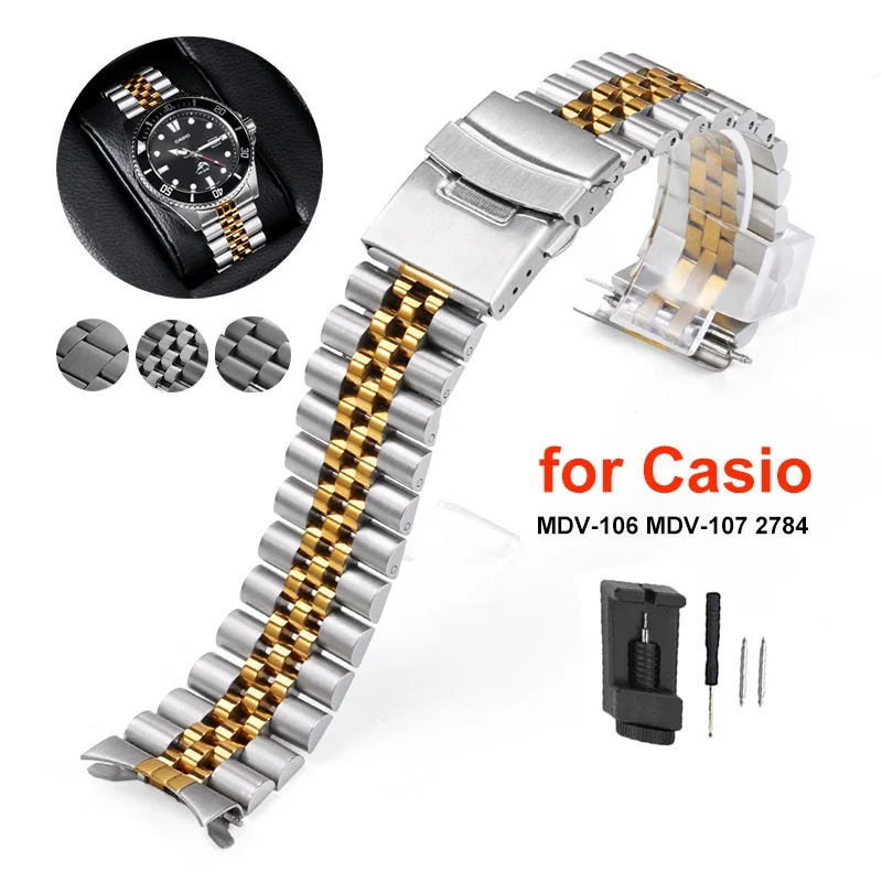 

22mm Solid Stainless Steel Watch Strap for Casio Swordfish MDV-106 MDV-107 2784 Metal Band Curved End Women Men's Bracelet