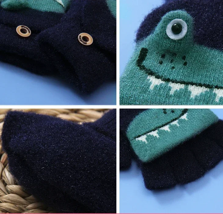 Toddler Kids Winter Knitted Fingerless Cartoon Gloves winter gloves baby mittens Thick Warm Outdoor Writing Convertible Flip Top Half Finger Mittens 6-10Y
