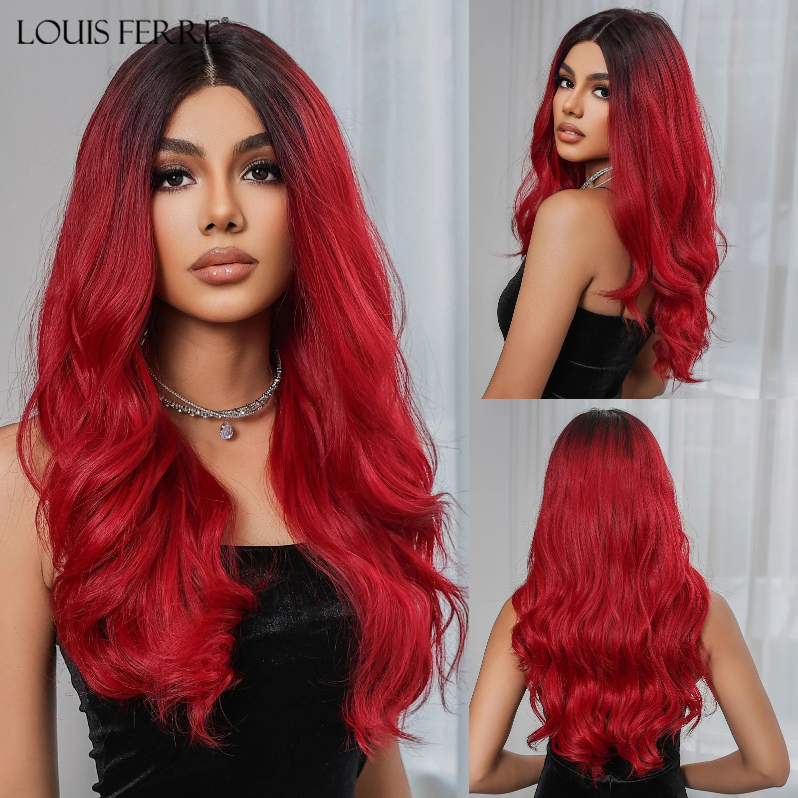 

LOUIS FERRE Wine Red Wavy Curly Lace Wigs for Women 13*1 T Part Lace Hair Long Wavy Wigs With Black Roots Cosplay Daily Use Wig