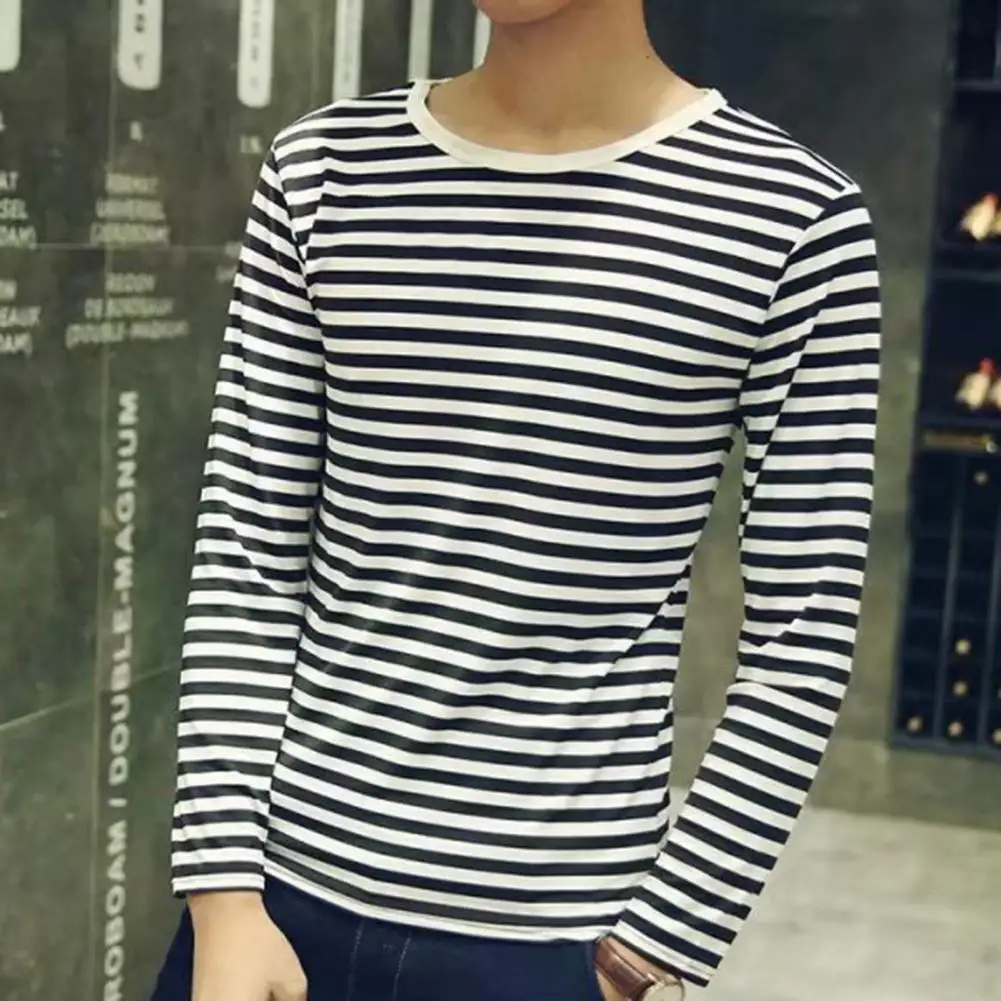 

Men Top Striped Pattern Round Neck Machine Washable Decorative Polyester Men Bottoming Shirt Casual Pullover Top Clothing Male