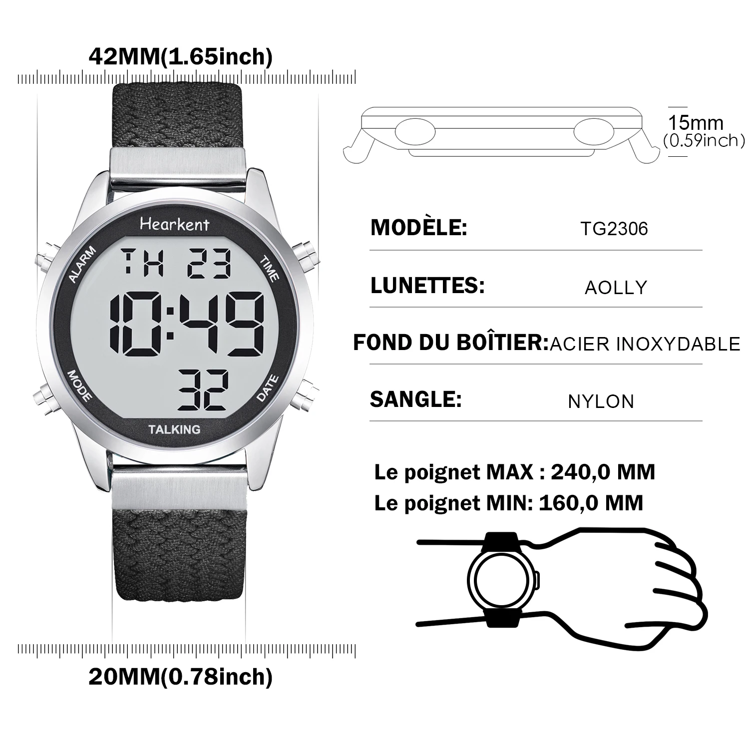 Montre parlante Hearkent en français pour personnes aveugles avec