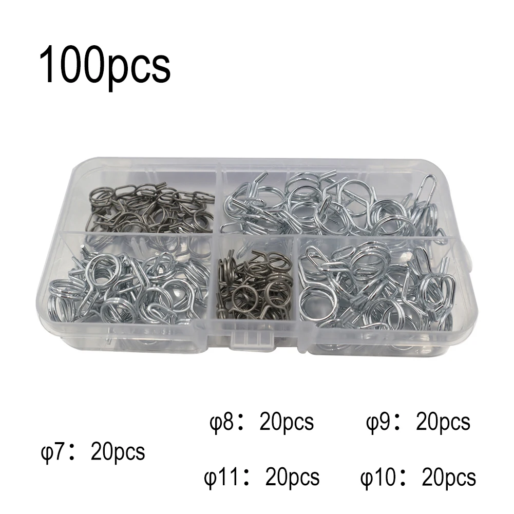 

100pcs Stainless Steel Car Double Wire Fuel Line Hose Tube Spring Clamps Clips For Car Motorcycle RV Trailer Hose Connection