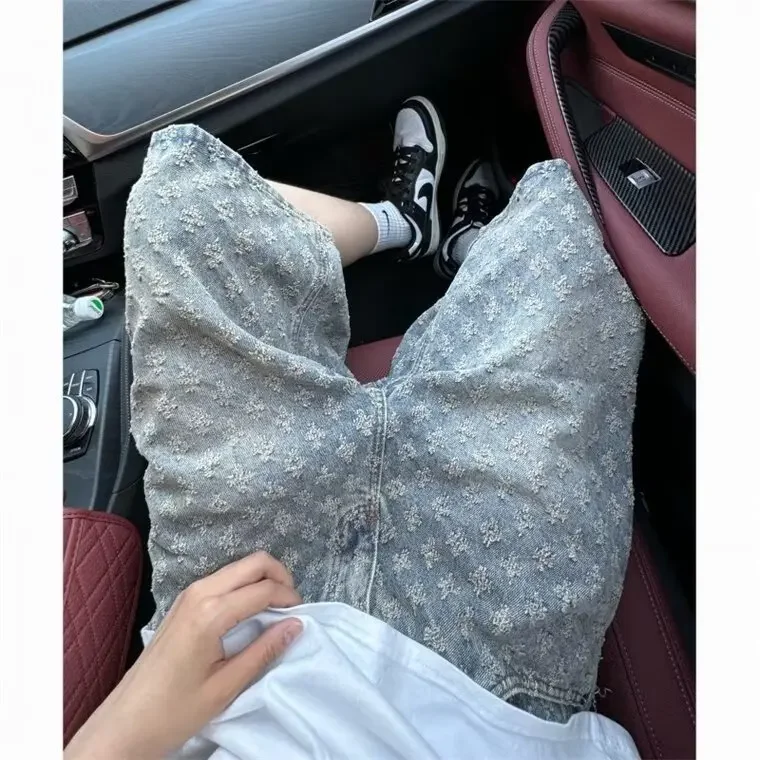 Retro American Street Style Men's Denim Shorts Full Print Embroidery Loose Fit Summer Casual Wide Leg Pants