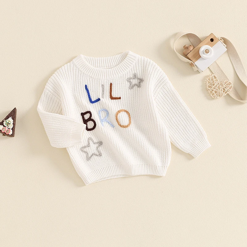 Little Boy Knit Sweater Letter Star Embroidery Crew Neck Long Sleeve Casual Pullover Tops for Fall