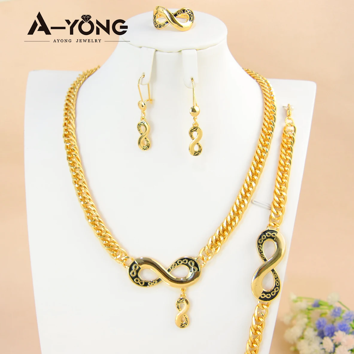 

Gold Color Punk Jewelry Set 21k Gold Plated 4pcs Necklace Bracelet Earrings Ring Sets Middle East Dubai Luxury Infinity Choker