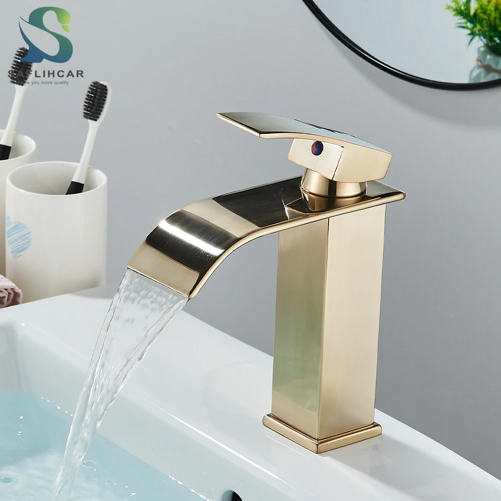 Brushed Gold Basin Sink Faucet Waterfall Outlet Vanity Hot Cold Mixer Tap Deck Mount Taps Washbasin Faucet for Bathroom