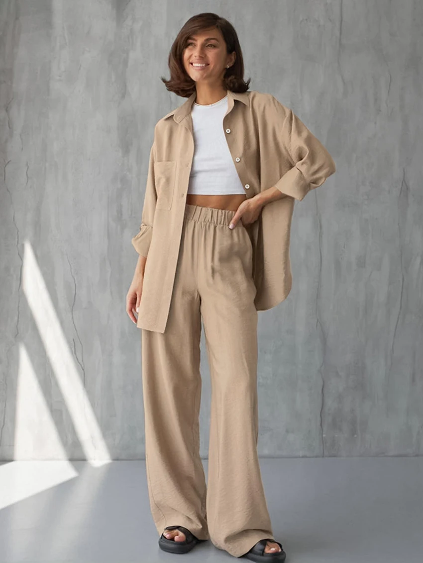 Marthaqiqi Autumn Femme Pajama 2 Piece Suit Turn-Down Collar Nightwear Long Sleeve Nightgown High Waist Pants Ladies Nightie Set