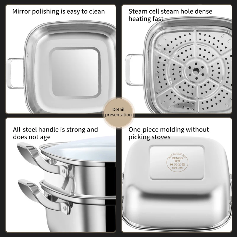 Square steamer household 316 stainless steel thickened double-layer three-layer steamer tray multifunctional gas electromagnetic 2